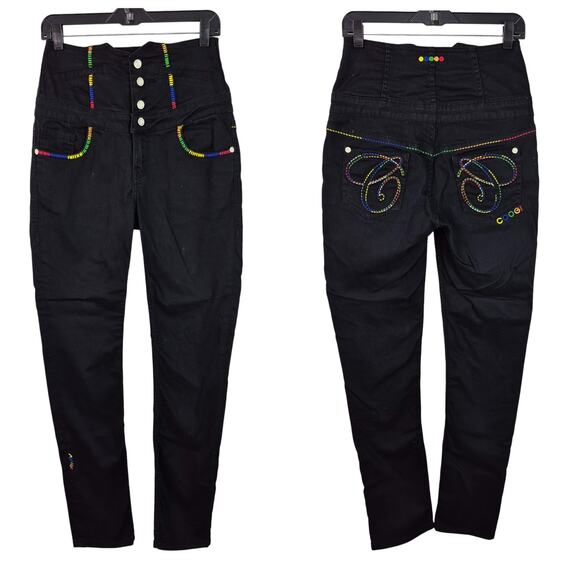 Coogi Black Rainbow Embroidered Ultra Hi Rise Button Front Pants Jeans 9 / 10 - Picture 1 of 6